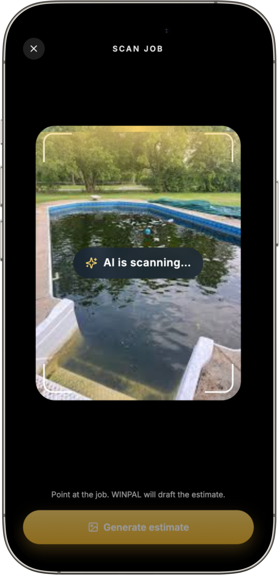 WinPal AI scan — point your camera at a job and WinPal drafts the estimate
