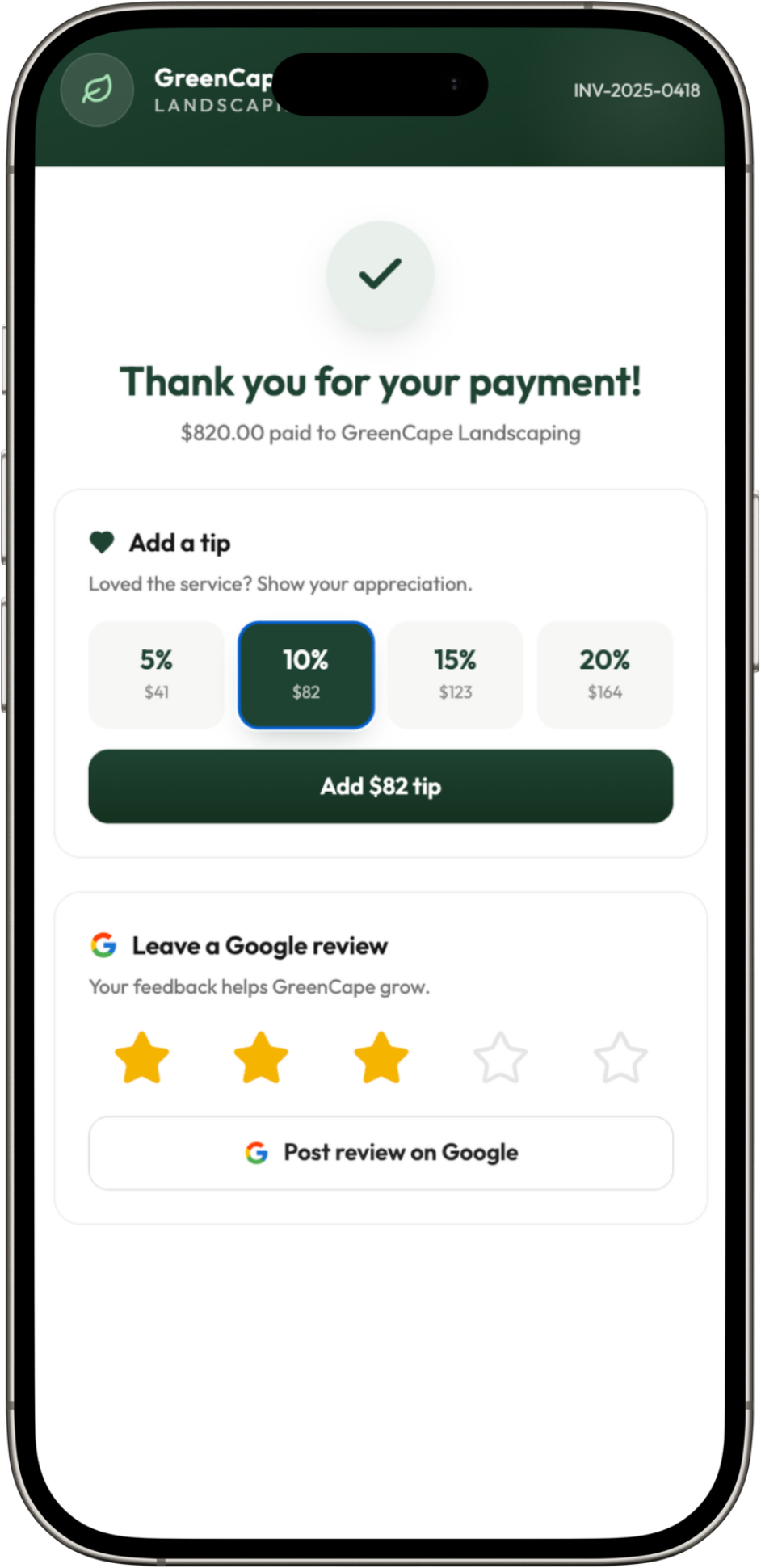WinPal payment thank-you screen — add a tip and leave a Google review