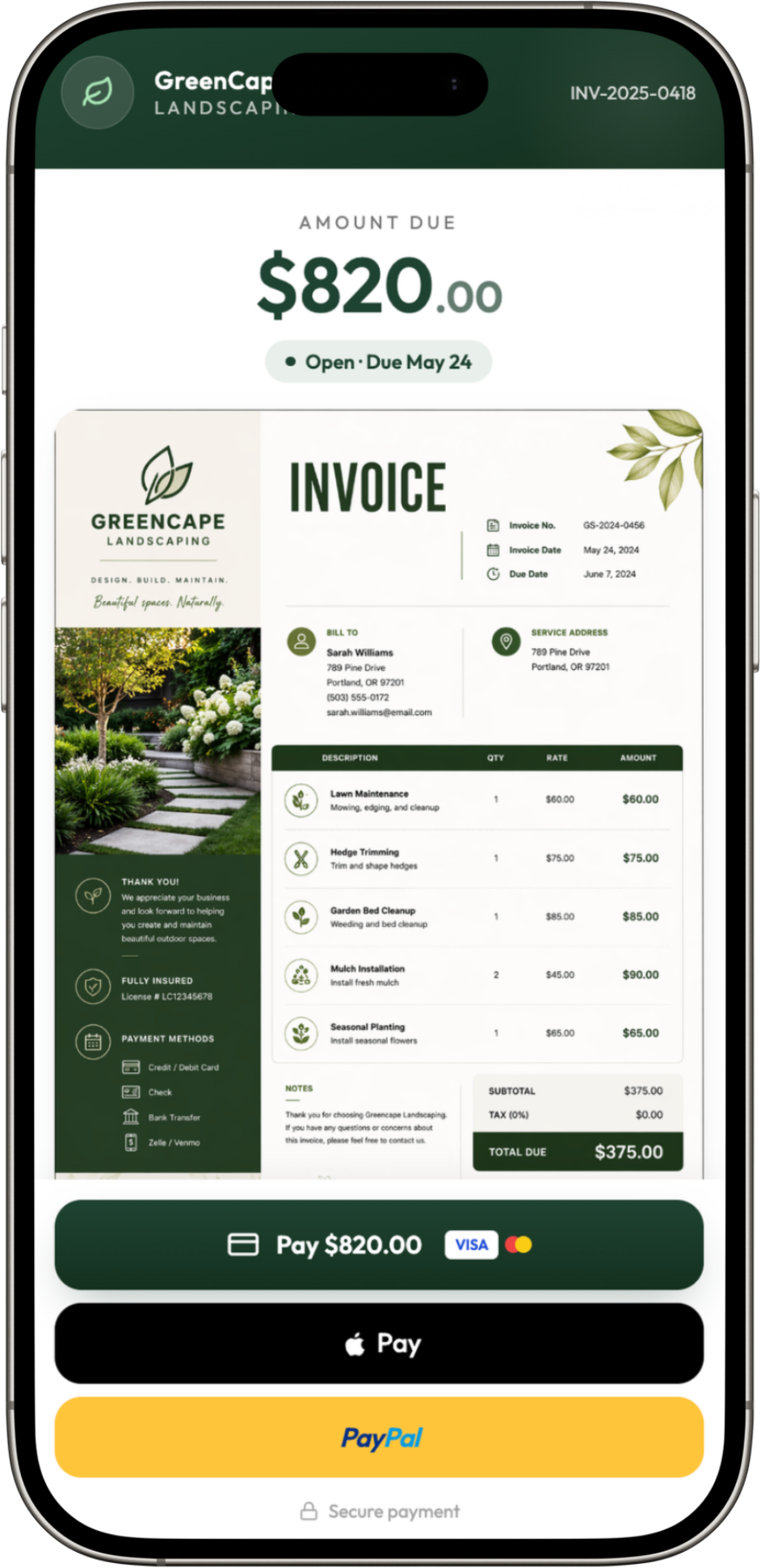 WinPal invoice with one-tap pay, Apple Pay and PayPal options