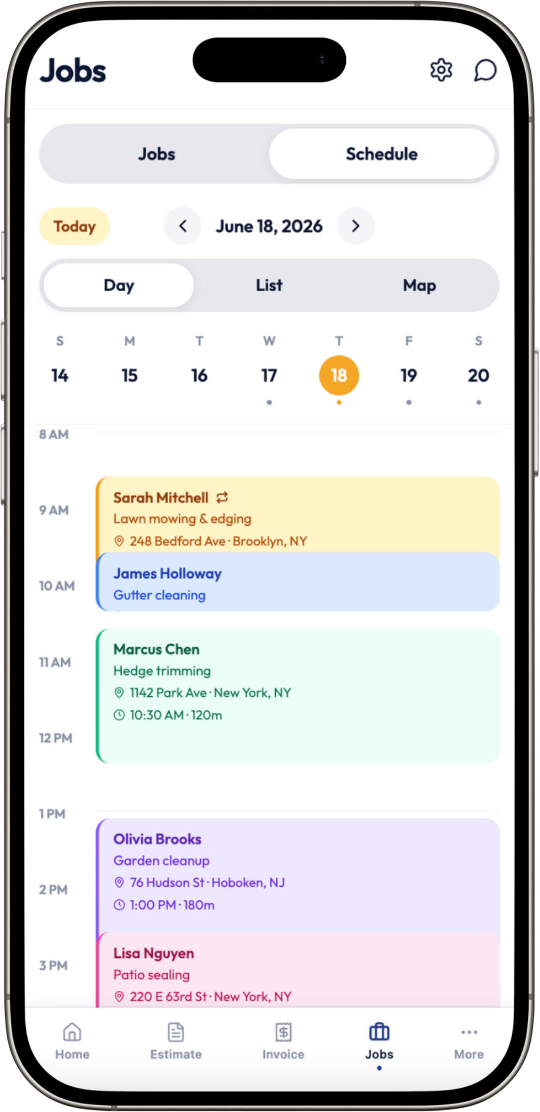 WinPal jobs schedule — day, list and map views of upcoming work