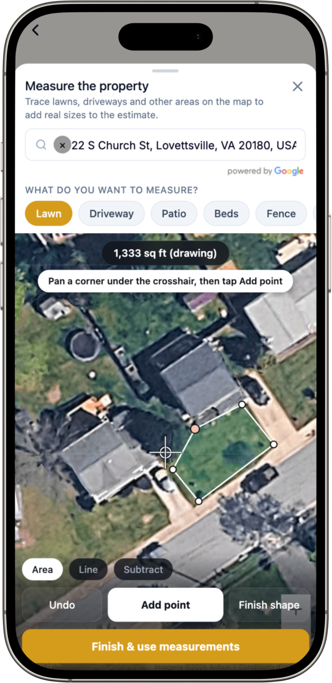 WinPal satellite measurement — trace lawns, driveways and patios to add real sizes to the estimate