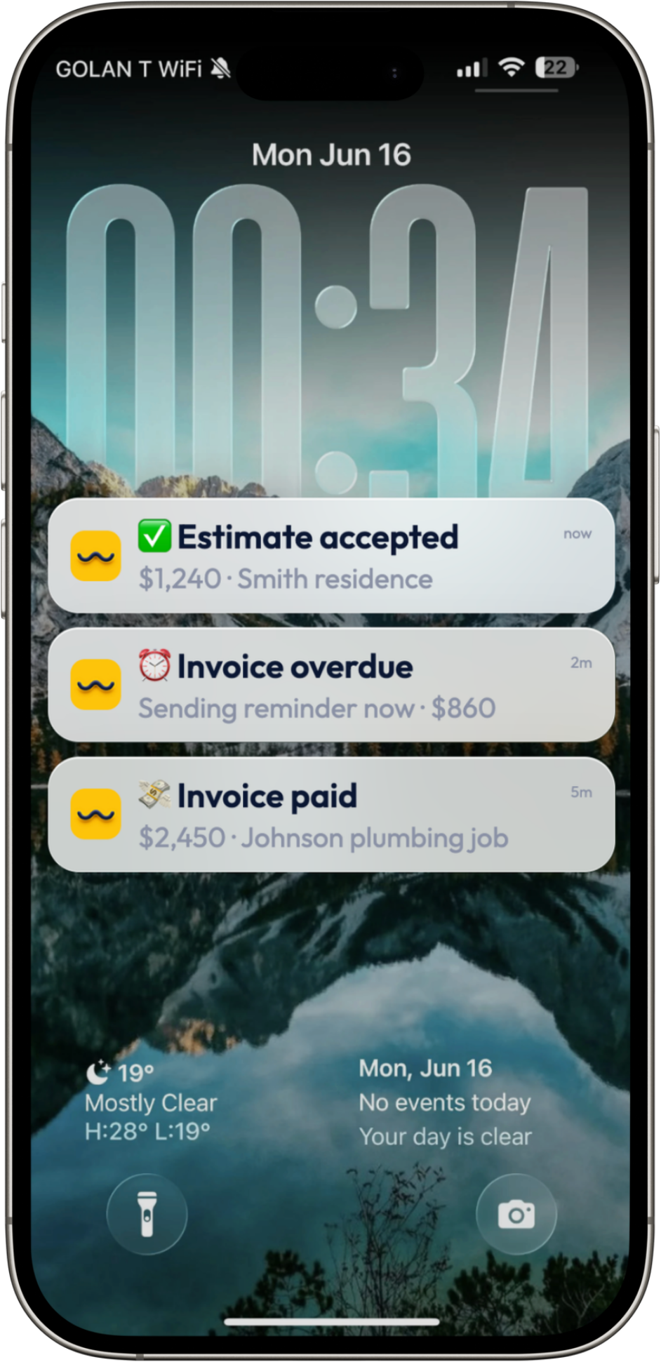 WinPal lock-screen notifications — estimate accepted, invoice paid, payment overdue