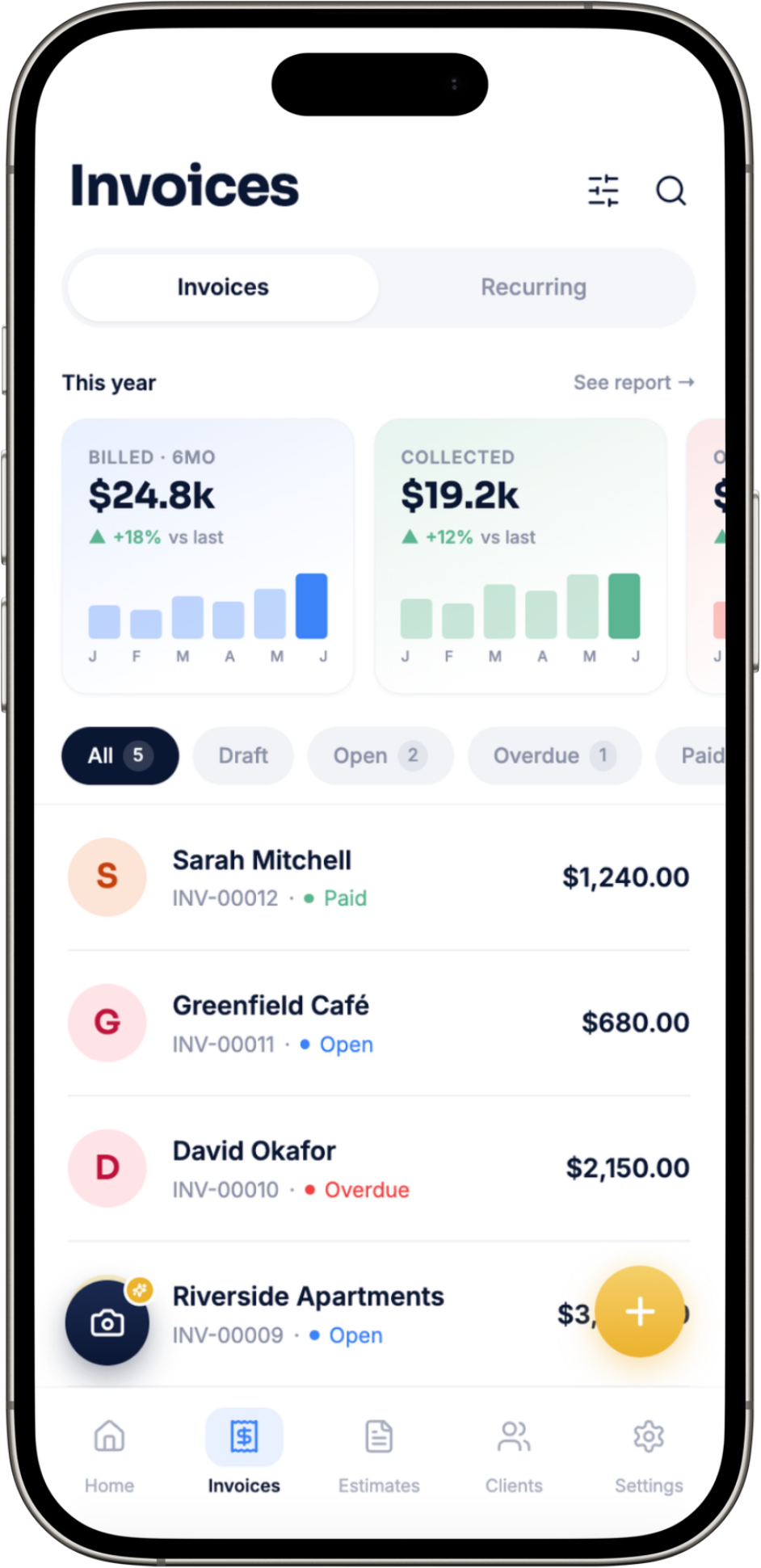 WinPal invoices report — billed vs collected with monthly trends