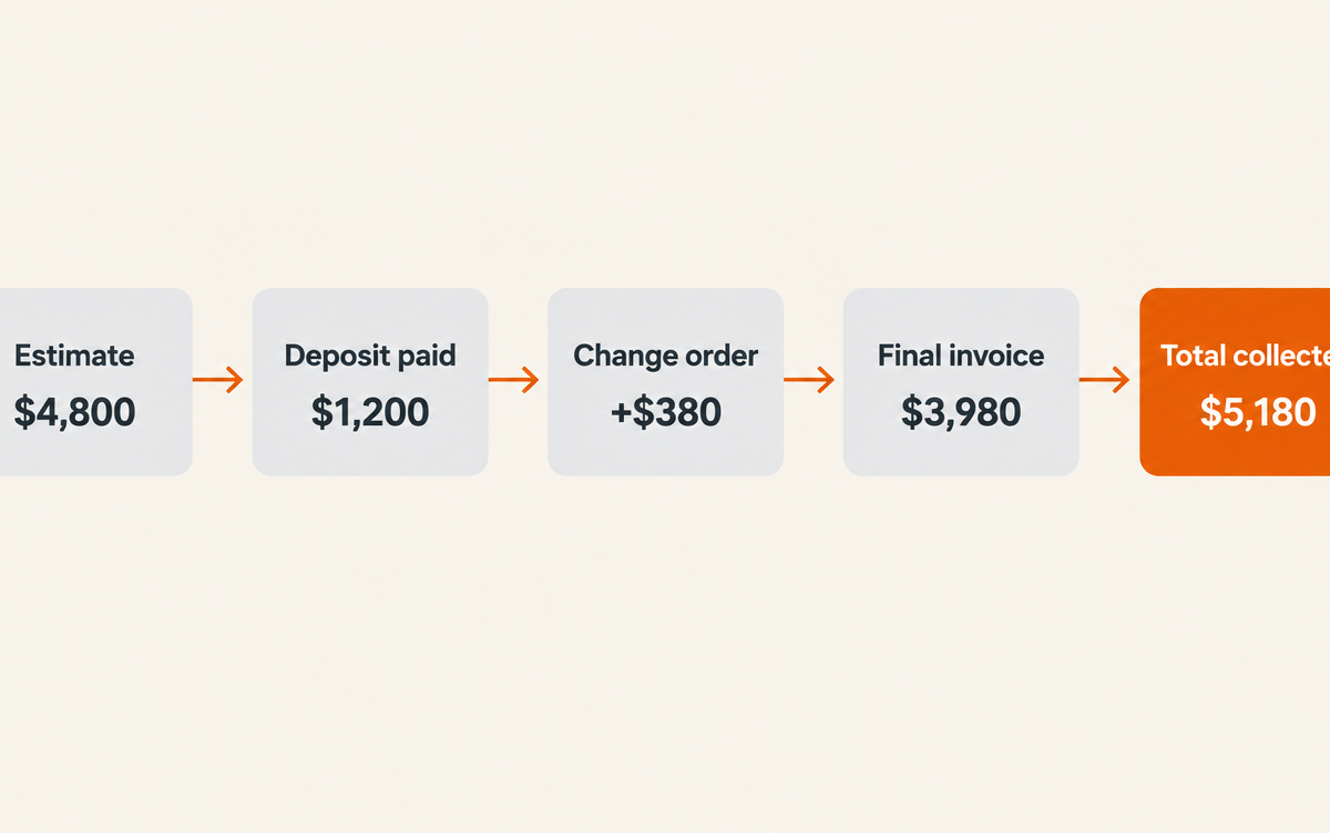 Five steps from estimate to payment: estimate $4,800, deposit paid $1,200, change order +$380, final invoice $3,980, total collected $5,180
