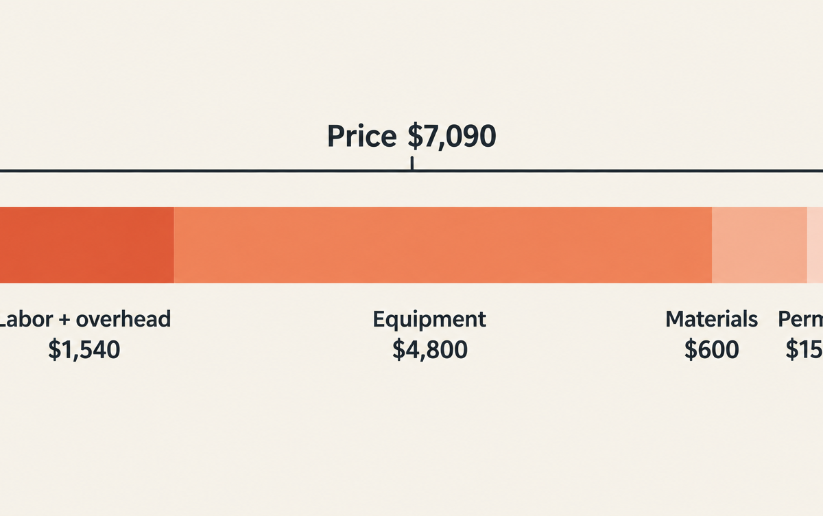 Stacked bar showing a $7,090 HVAC install price: labor and overhead $1,540, equipment $4,800, materials $600, permit $150