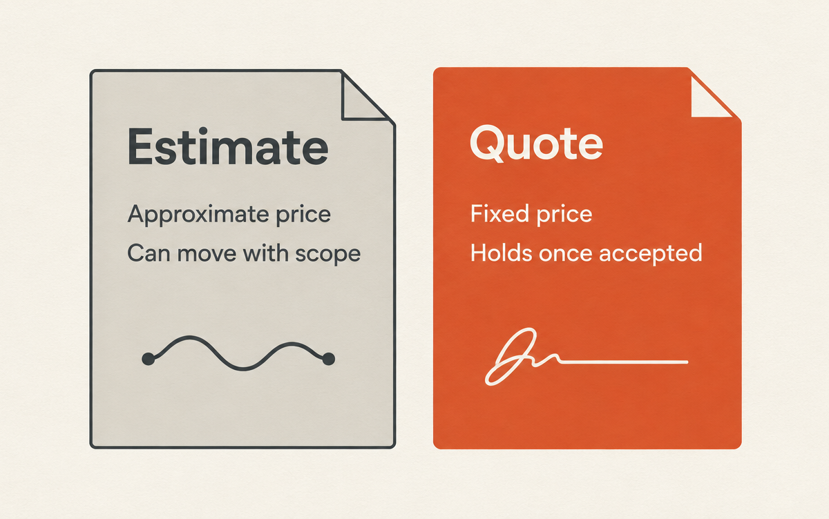 Two cards side by side: Estimate, approximate price, can move with scope; Quote, fixed price, holds once accepted